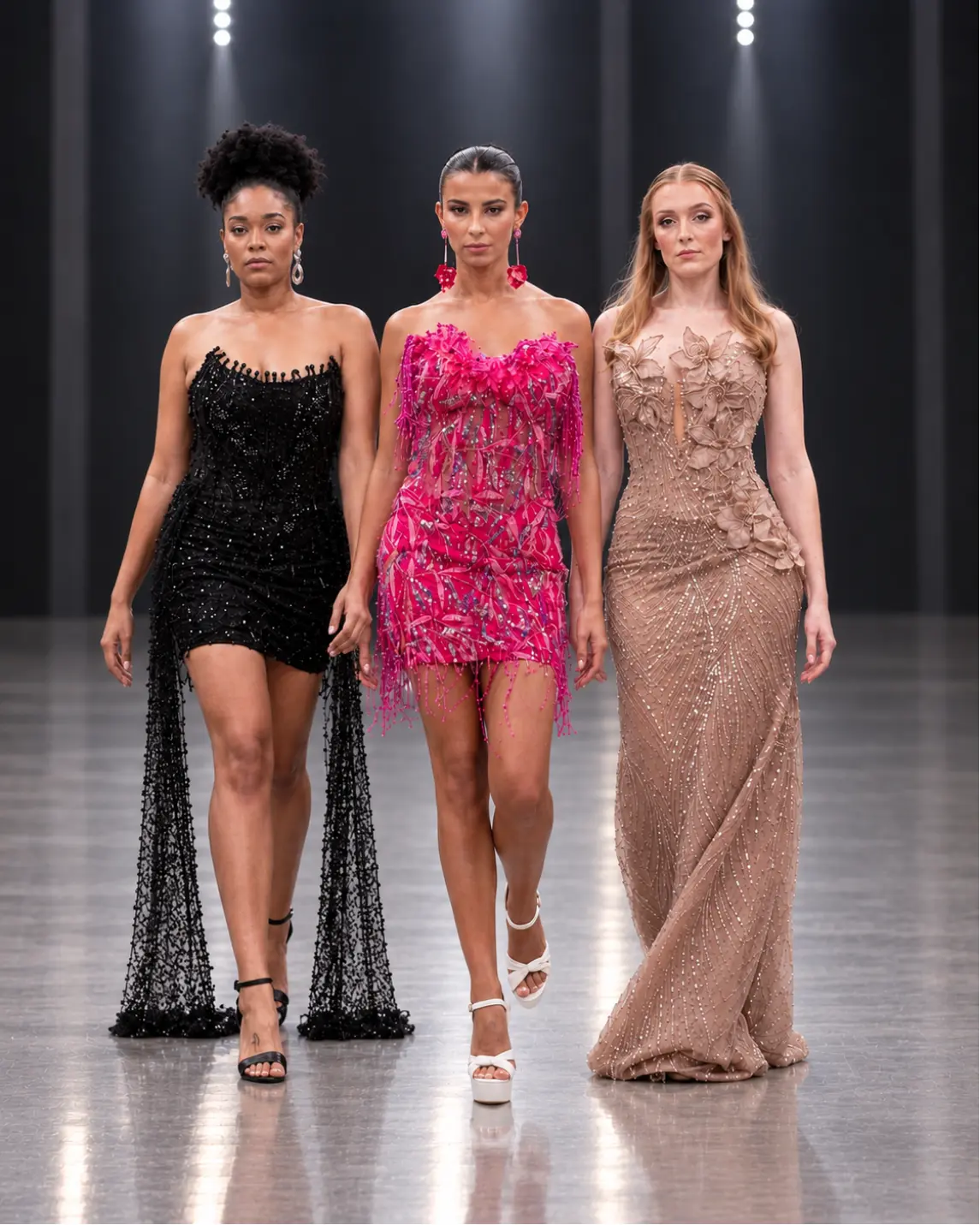 Three models presenting black, pink and nude couture looks on the runway.